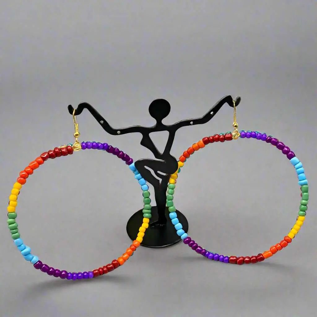 Large Rainbow Seed Bead Hoops - 4mm Hand-Crafted Earrings in Vibrant Blues Greens & Purples Lightweight Comfortable Fashion Statement Jewelry
