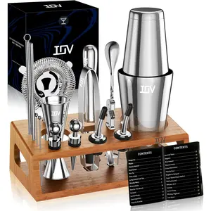 IOV Mixology Bartender Kit Bar Set with Stand | 17-Piece Cocktail Shaker Set | 28oz Shaker Drink Mixer Set with All Accessory | Fun Housewarming Gift (Silver)