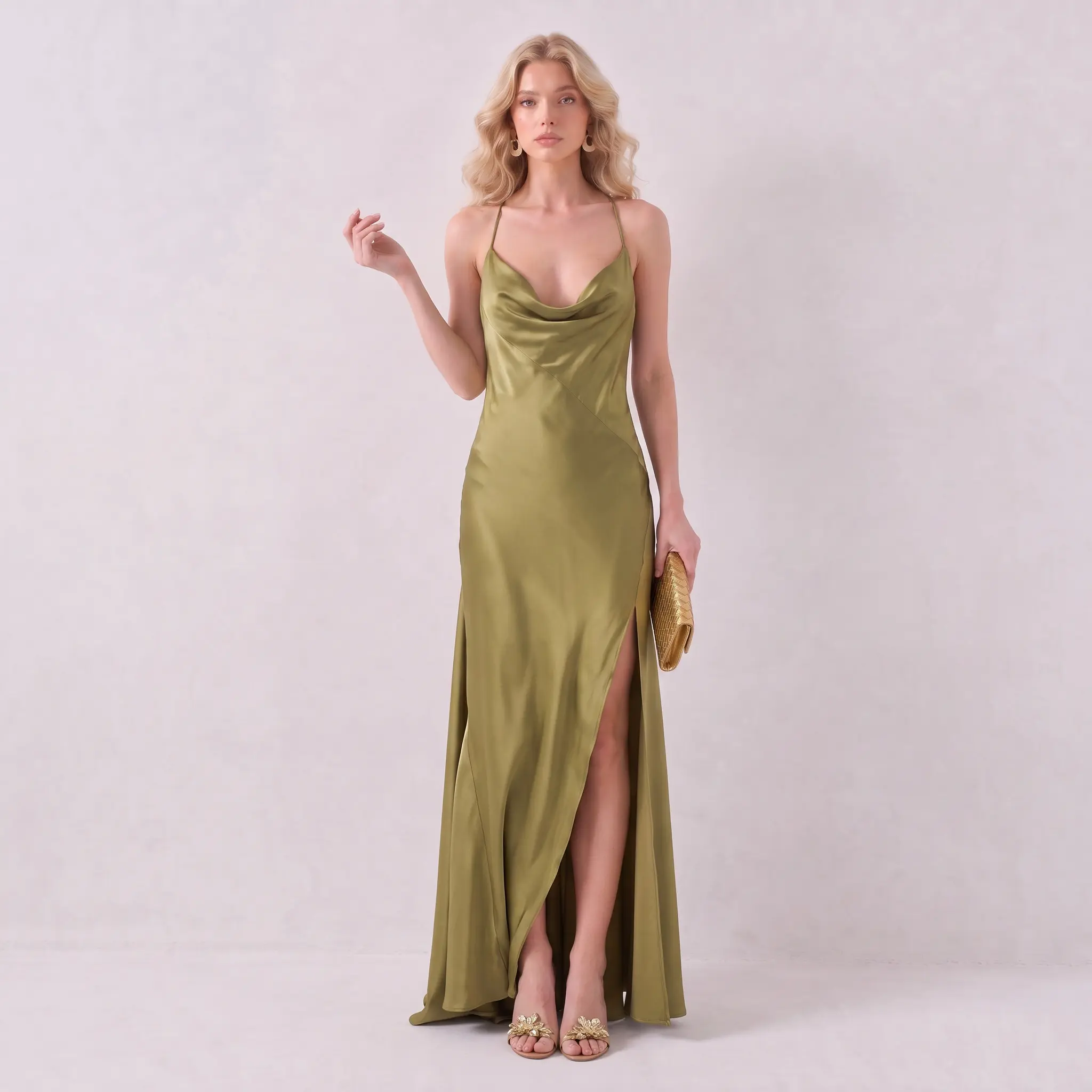 LikeMyChoice Olive Green Satin Cowl Neck Backless Maxi Dress Open Side Slit Wedding Guest Formal Evening Gown Quiet Luxury Prom Dress