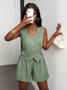 Plus Size Short Pants Button Vest Two-Piece Set, Comfortable Casual Wear, Perfect for Everyday Use, Stylish Fashion and Practical Design, Womenswear
