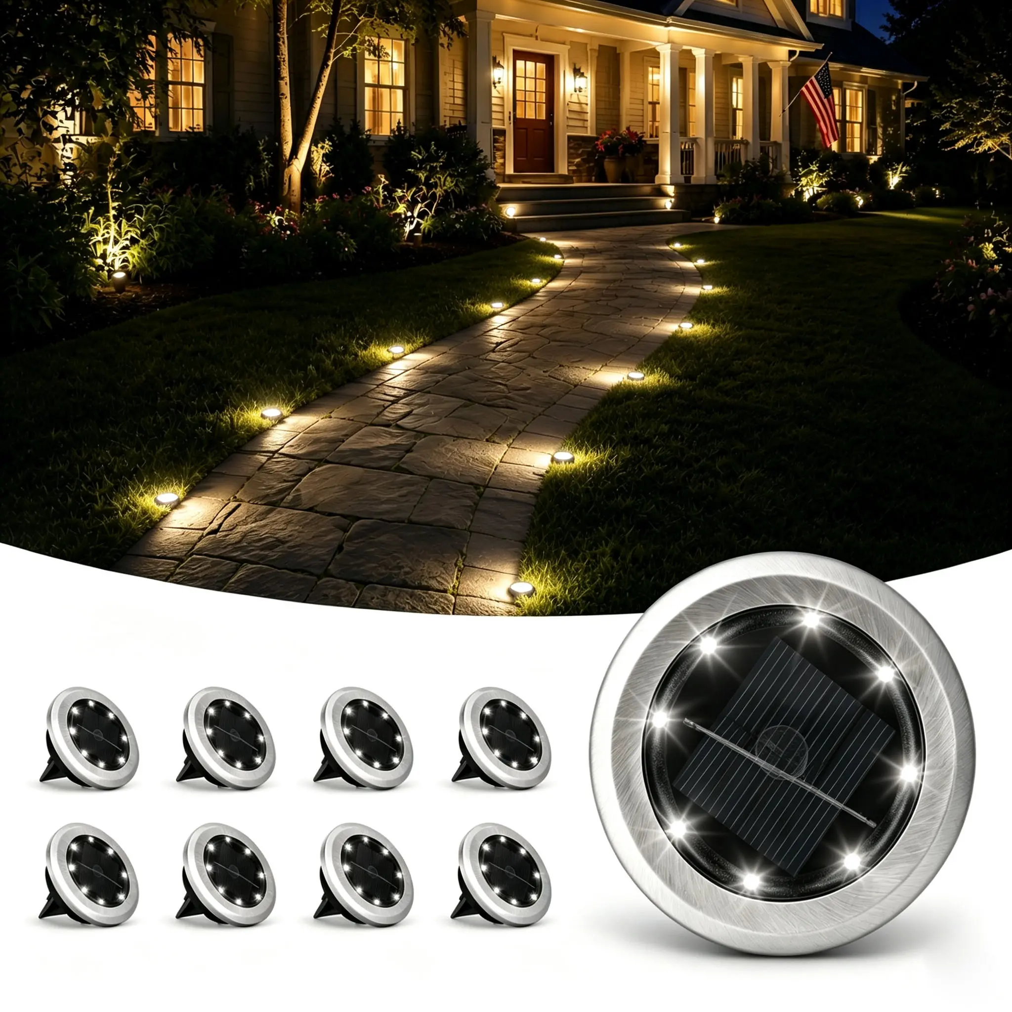 8-Pack Mini Solar Ground Lights - Stainless Steel, Water Resistant Solar Outdoor Lights with Batteries, Festive Decor for Driveway, Walkway Outdoor Landscape Lights Solar Garden Lights