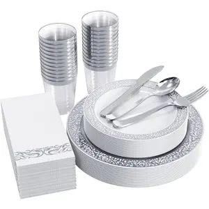 175 Ct Silver Dinnerware Set for 25 Guests, White Plastic Plates with Silver Lace Rim Design, Including 25 Disposable Dinner & Dessert Plates, Cups, Napkins, Cutlery Set