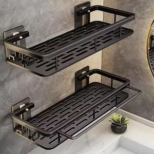 Shower , Adhesive Shower Shelves, 2-Pack with Hooks and Rod for Towels, No Drill Wall Mount Rustproof  Organizer for Bathroom, Kitchen, Black