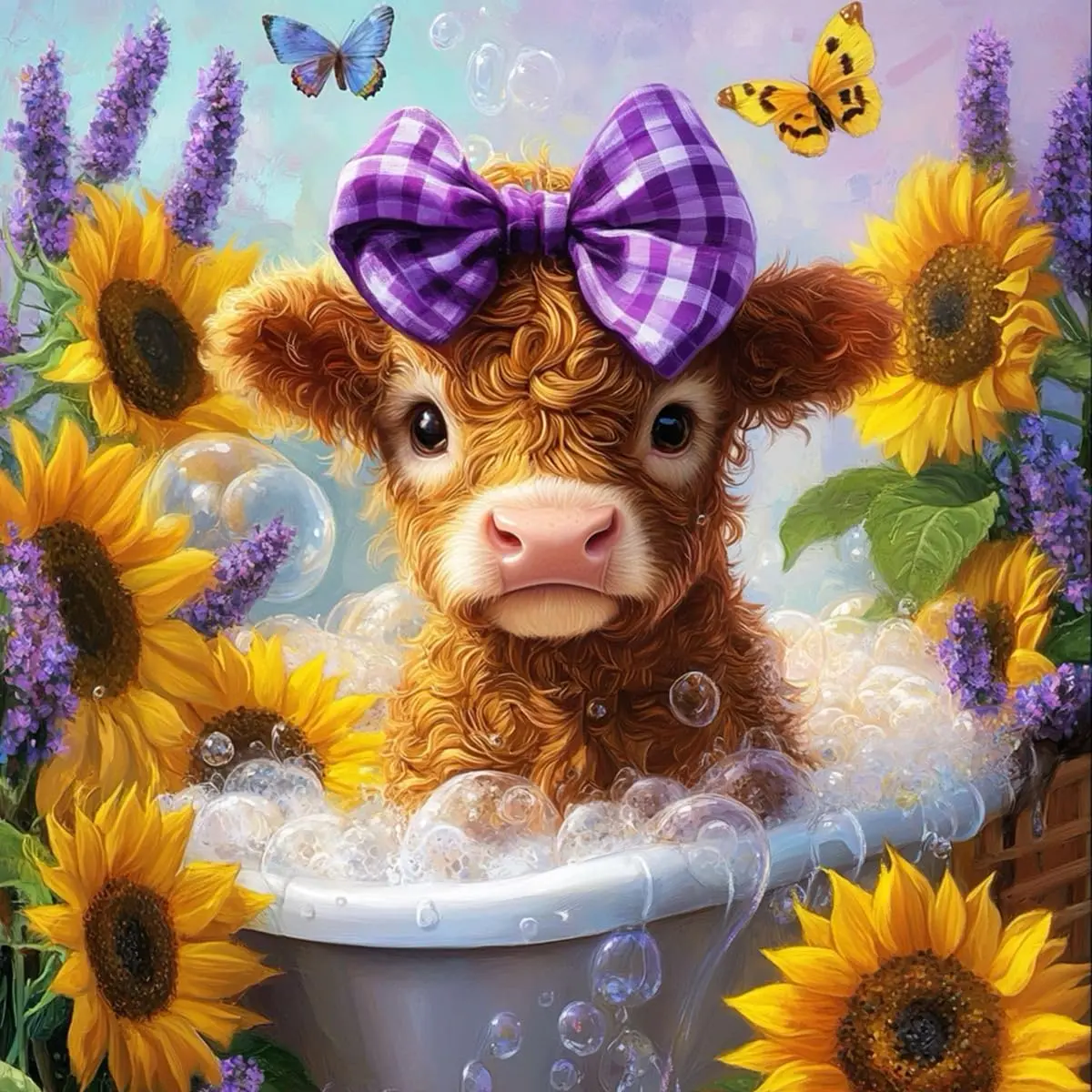 Highland Cow Bathing Diamond Art Kits for Adults, Sunflower Butterfly Full Round Diamond Painting Dots Art Kits for Kids Adults Beginner, DIY Craft for Home Party Decor