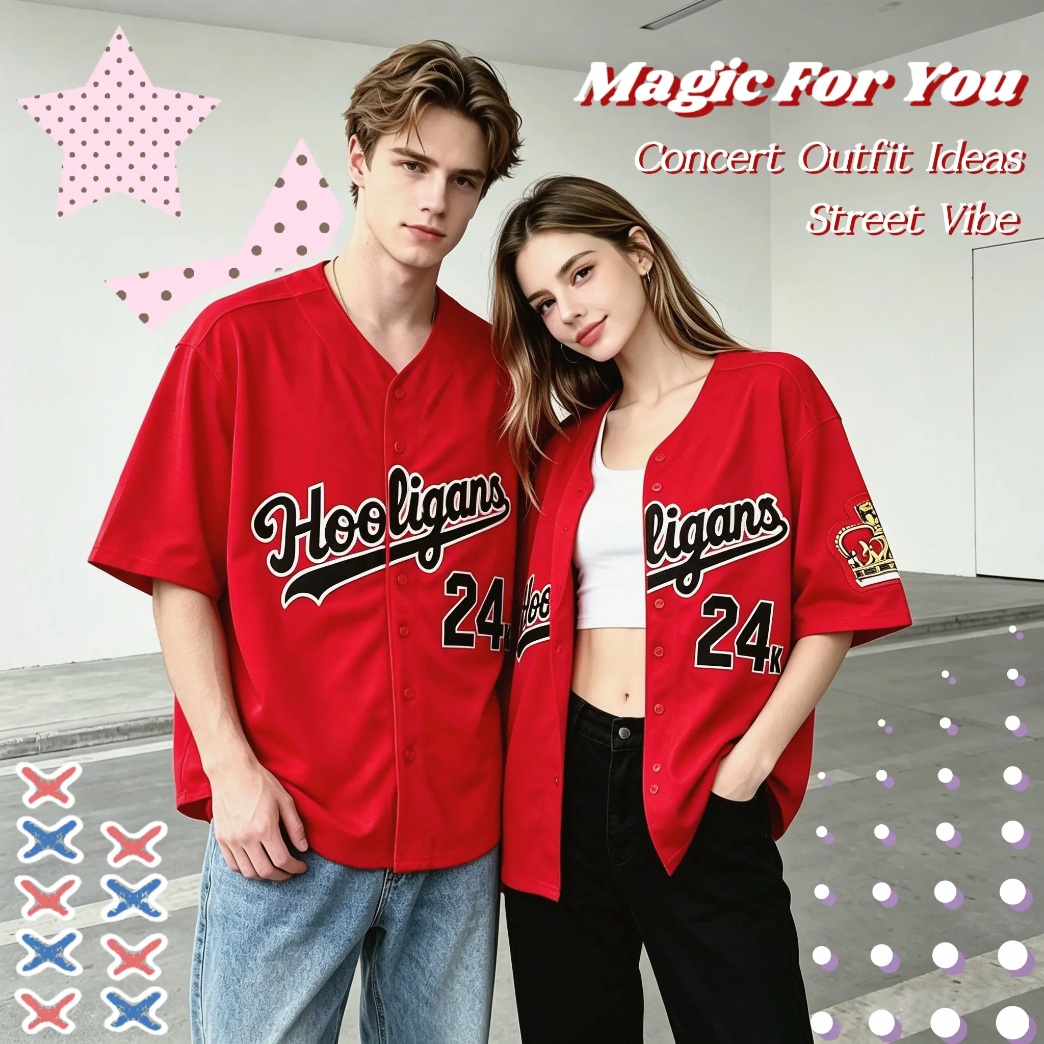 Men's Hooligans 24K Stitched Button Up Varsity Baseball Jersey, 2 Styles Solid Red & Pinstripe Mesh Short Sleeve Uniform, Hip Hop Loose Sport Shirt for Summer Streetwear, Sports Training & Casual Daily Outfits