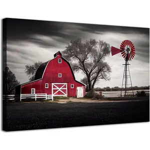 Windmill Wall Decor Farmhouse Red Barn Wall Art Bedroom Vintage Country Landscape Canvas Pictures for Living Room Black White Old Farm House Poster Nature Artwork Kitchen Office Home Decorations