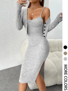 Two-Piece Set Women's Solid Button Front Crop Cardigan & Split Thigh Slit Knitted Ribbed Cami Dress Set, Casual Long Sleeve Top & Bodycon Dress for Spring & Fall, Womenswear for Daily Wear Outfit