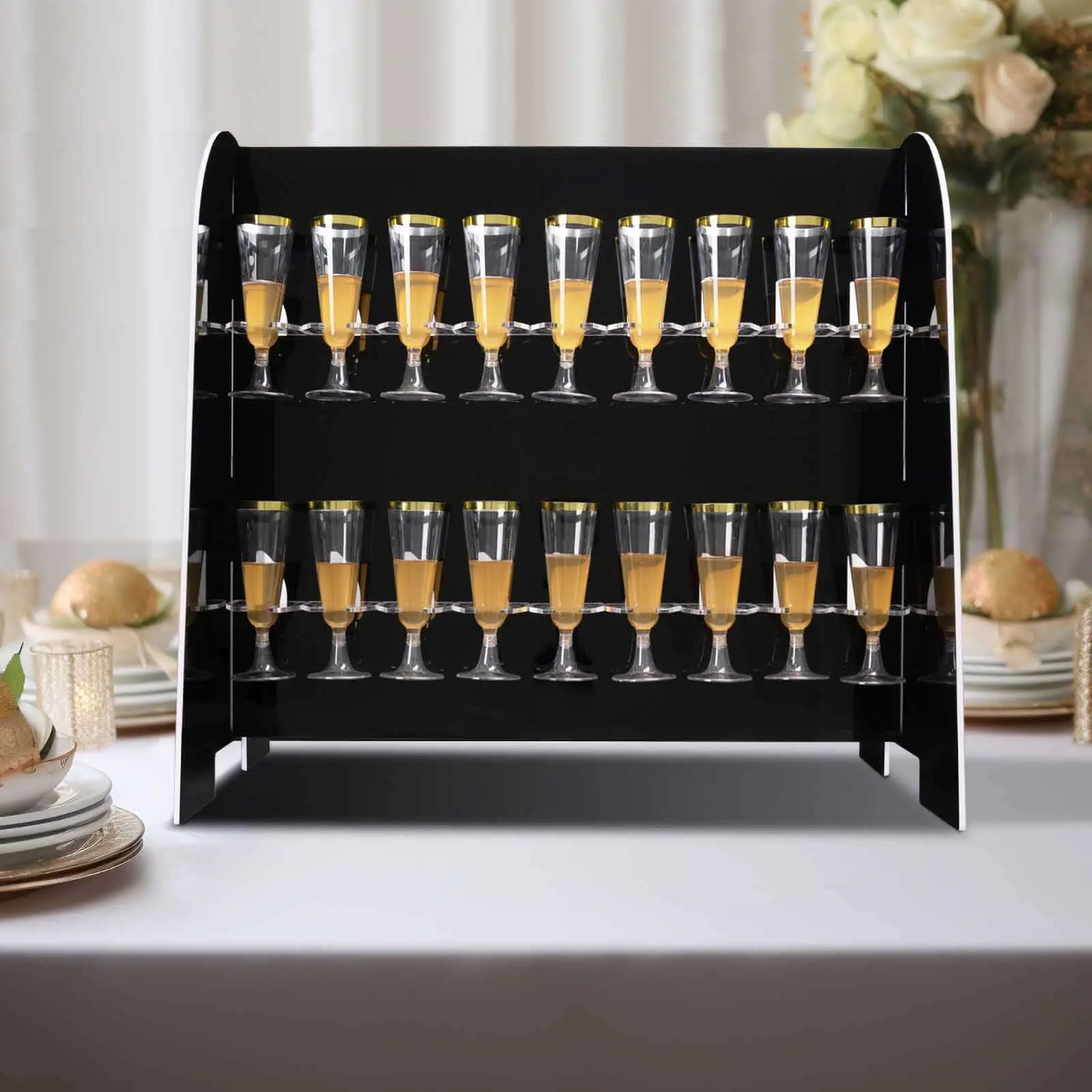 Glossy Black 2-Tier Kitchen Stemware Rack, 25" Tabletop Kitchenware Display Stand with 18 Hooks for Weddings, Birthday Parties, Baby Showers & DIY Bars
