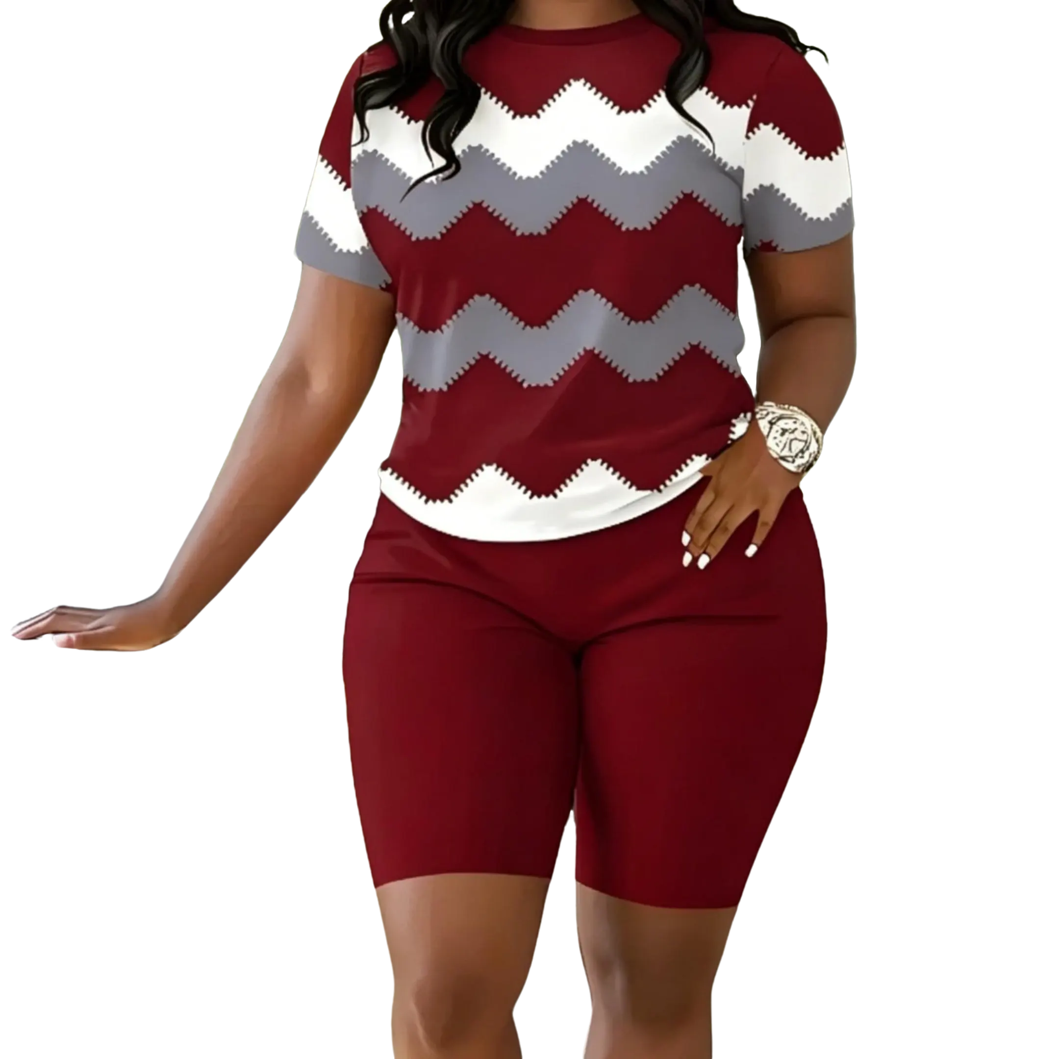 Plus Size Women's Two-Piece Set - Summer 2025 Casual Outfit, Loose Fit Comfortable Suits, Vibrant Wave Pattern | Minimalist Chic, Trendy Matching Sets, Cute & Aesthetic Spring Outfits Breathable Fabric short t-shirt Womenswear Suits Clothes Curvy Grey