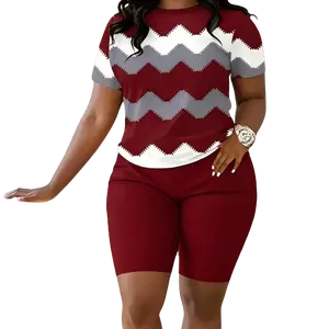 Plus Size Women's Two-Piece Set - Summer 2025 Casual Outfit, Loose Fit Comfortable Suits, Vibrant Wave Pattern | Minimalist Chic, Trendy Matching Sets, Cute & Aesthetic Spring Outfits Breathable Fabric short t-shirt Womenswear Suits Clothes Curvy Grey