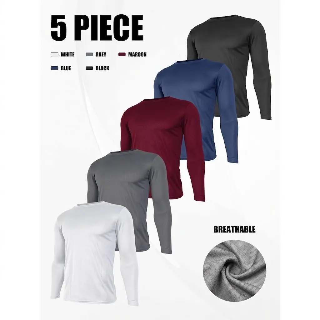 5-Pack Men's  Long Sleeve Athletic Shirts Moisture Wicking Dry Fit Workout Activewear Gym Tops - Black/Grey/White/Blue/Maroon Compression Sports Top
