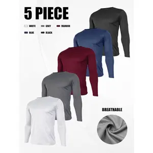 5-Pack Men's  Long Sleeve Athletic Shirts Moisture Wicking Dry Fit Workout Activewear Gym Tops - Black/Grey/White/Blue/Maroon