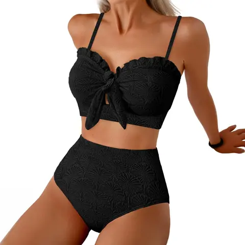 Aleumdr Women's 2-Piece Ruffle Detail High-Waisted Bikini Set - Stretch Knotted Front, Seashell Textured, Shell Stitch, Slim Silhouette, Wire-Free Padded Bra, With Pocket, Beach Party Resort Swimwear, Ruffle Detail High-Waisted Bikini Sets