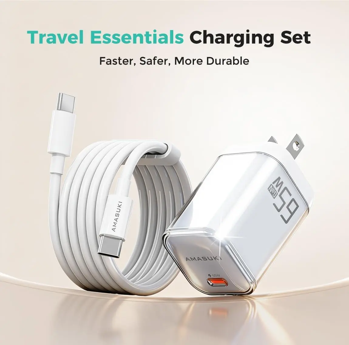 65W Foldable USB C Fast Charger Block with 60W 1.5M Dual USB C Cable, PD 3.0 US Plug Wall Charger for iPhone, Samsung, Laptop, Travel Essential