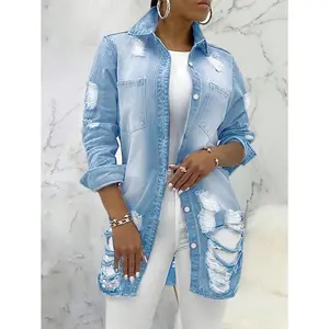 Women's Distressed Denim Jacket Streetwear - Destroyed Overshirt With Button Front & Shirt Cuffs, Edgy Ripped Casual Jacket For Urban Outfits