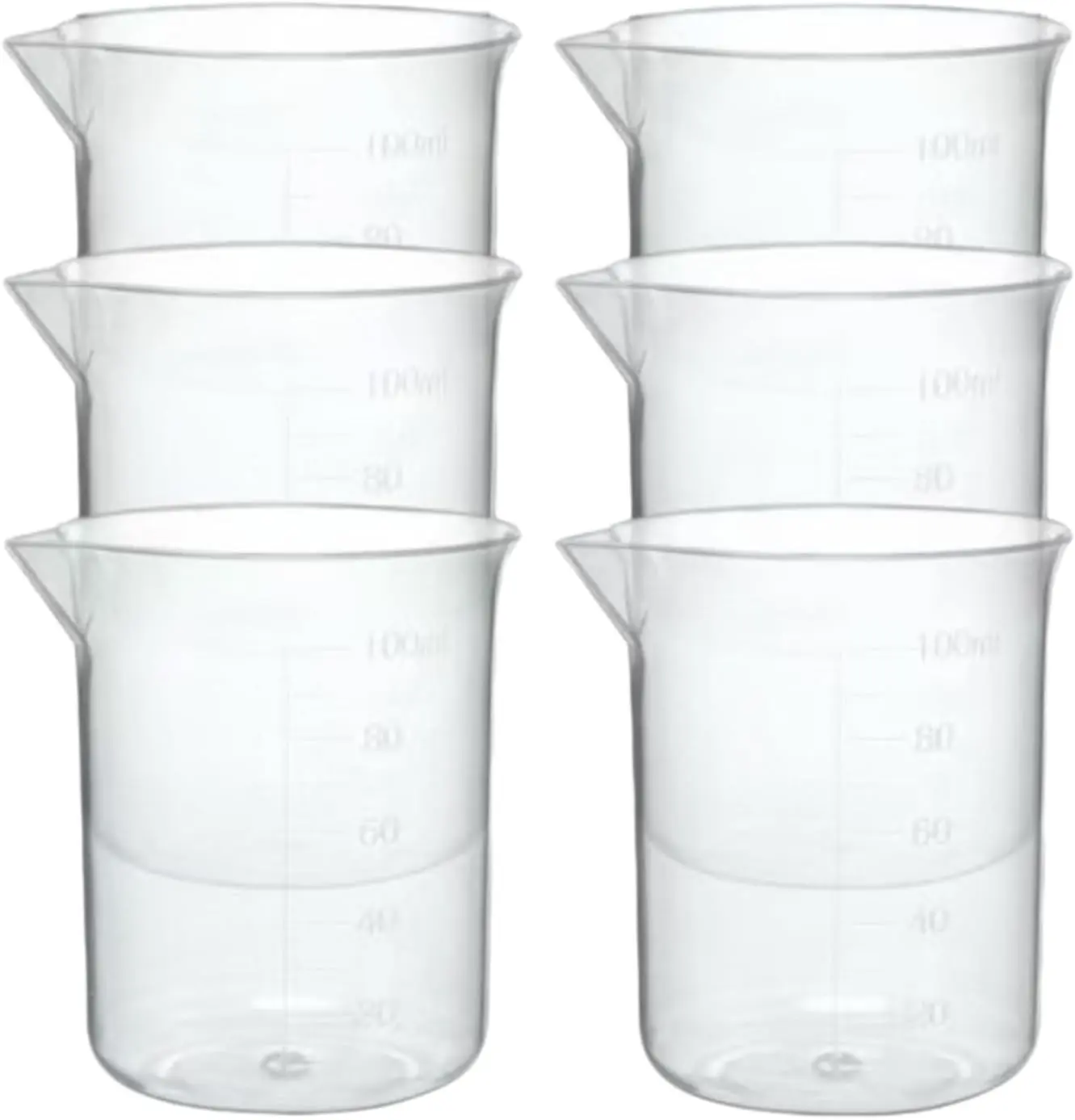 6PCS 100ml Plastic Lab Beakers, Transparent Measuring Cups with Graduated Scale & Pour Spout for Science Experiments, Kitchen, Liquid Measuring