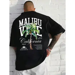 Men's Oversized Long Malibu California Palm Tree Graphic T-Shirt - California Coastal Streetwear Tee, Malibu Vibe Palm Tree Print Oversized Top, California Themed Graphic Men's Short-Sleeve, Casual Malibu Coastal Oversized T-Shirt