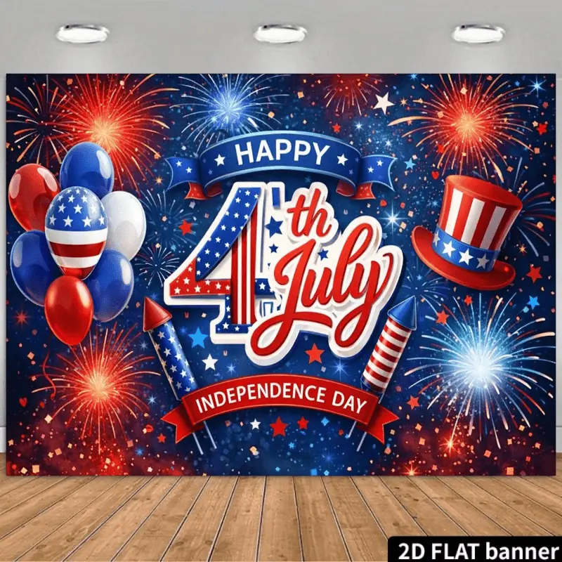 Patriotic 4th of July Polyester Backdrop - Stars & Stripes Fireworks Home Decor Banner, Letters, Easy Install with Traceless Nails, Independence Day Event Photo Background, Tapestry, Print