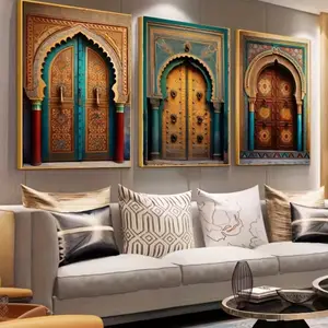 3pcs Moroccan Door Arabic Architecture Decorative Paintings, Islamic Style Wall Art for Living Room, Stylish Religious Decor, Wooden Frame Mdf Material