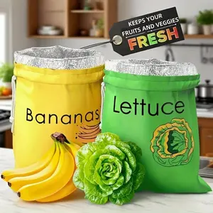 2-piece banana lettuce fresh-keeping bag, three-layer aluminum foil lined drawstring design, suitable for refrigerator/freezer, breathable washable vegetable and fruit fresh-keeping bag, delaying ripening speed and reducing food waste