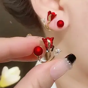 TUURIN Brand Ladies' Copper Stud Earrings, 1 Pair Elegant Tulip Flower Design, KC Golden Plated Zinc Alloy, Suitable for Daily & Party Wear, Copper Earrings