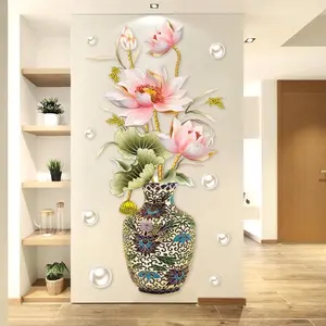 Chinese Style Lotus Flower Vase Wall Sticker Elegant Pearl Art Decal Home Living Room Decor