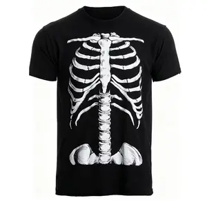 Men's Black T-Shirt with White Skeleton Print for Halloween Party and Casual Wear