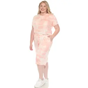 212 MAIN Women's 3X Plus Size Soft Knit Breathable Capri Pajama Set - Shortsleeve Tie-Dye Pink Top with Adjustable Elastic, Pockets Pants Loungewear Nightwear (PS3627-05-3X)