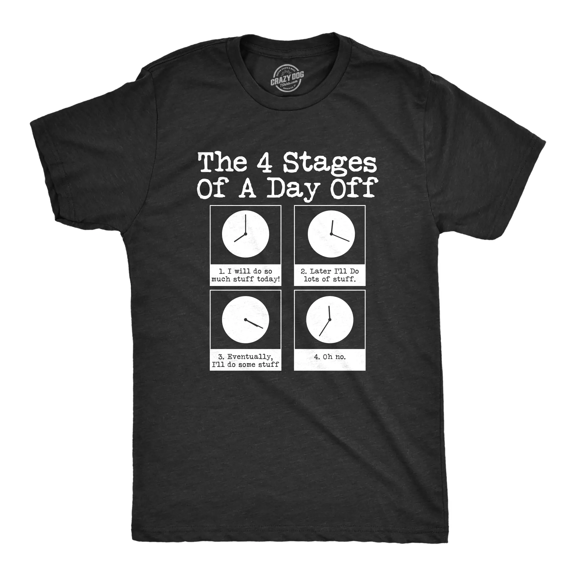 Mens The 4 Stages Of A Day Off T shirt Funny Lazy Procrastinate Office Humor Tee Mens Funny T Shirts Cool Vintage Graphic Tees Funny Introvert Short Sleeve Novelty Tees for Guys Black