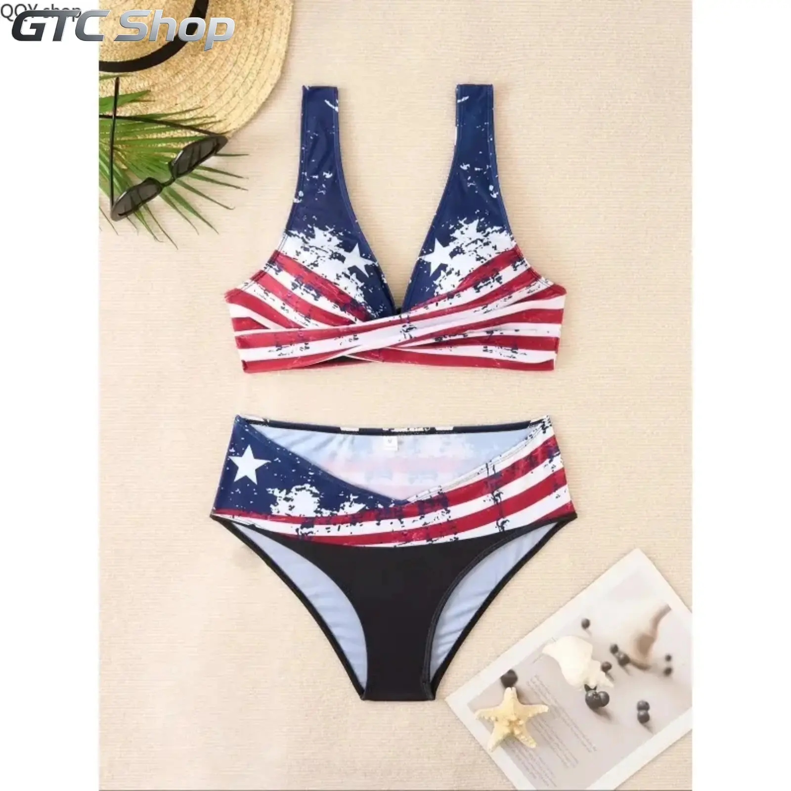 2Pcs Star Flag Print Bikini Deep V Lace Up High Waist Swimsuit Slim Sleeveless Two Piece Swimwear Trendy Beach Bathing Suit For Summer Pool Party Seaside Vacation Casual Holiday Wear