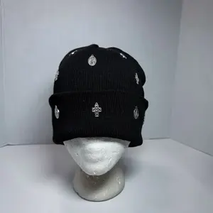 Black Knit Beanie with Cross and Pearl Embellishments for Men and Women