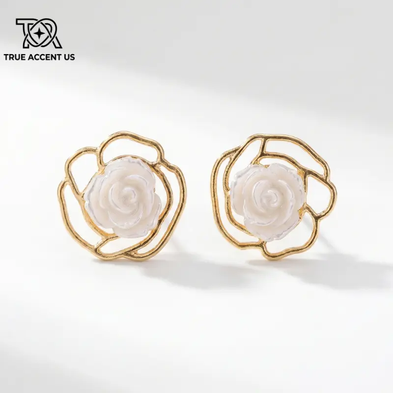 Women's 925 Sterling Silver French-Style 3D White Rose Flower Stud Earrings for Females - Push Back Closure, Vintage Romantic Fashion Jewelry, Gold Stud Earrings, 3D White Flower