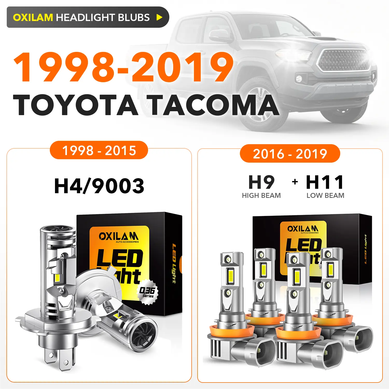 1998-2019 Toyota Tacoma LED Headlight Bulbs, 44000LM 6500K Cool White,60,000Hrs Long Service Life,H4/9003 H9/H11 OXILAM LED Headlights with Cooling Fans,Anti-glare,No error,CANBUS Ready,No Flickering, Plug and Play