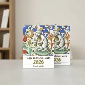 2026 Ugly Medieval Cat Calendar Duo, 2-Pack 12-Month Paper Wall Calendars with Quirky Historical Manuscript Art, Multicolor Design