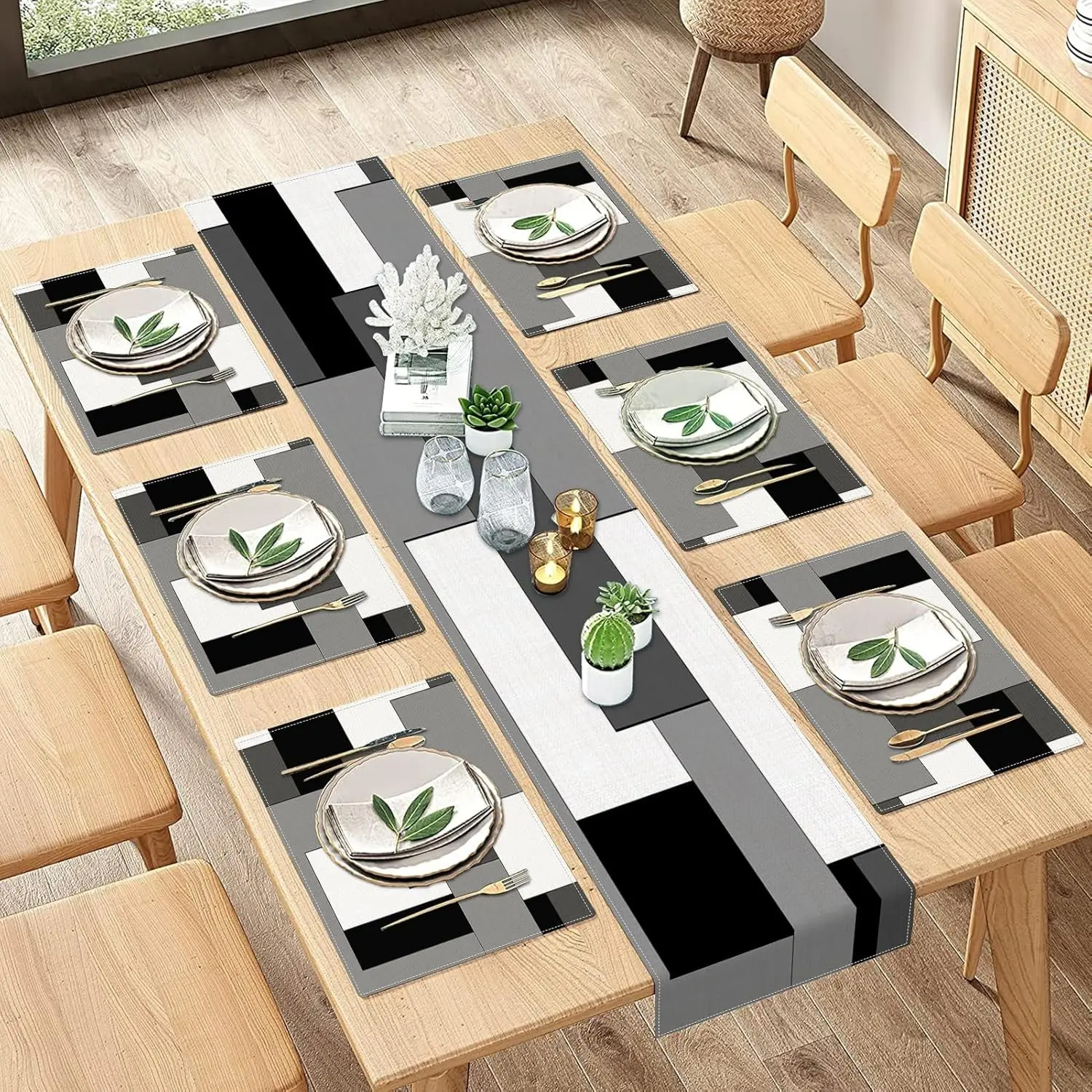 2D flat printing, 5-piece/7-piece geometric tablecloth and placemat set, Dining Table Mats, white, black, gray abstract painting art table decoration, suitable for daily kitchen and dining table decoration, elegant table decoration, Table Placemats