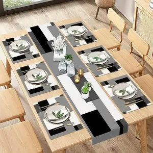 2D flat printing, 5-piece/7-piece geometric tablecloth and placemat set, white, black, gray abstract painting art table decoration, suitable for daily kitchen and dining table decoration, elegant table decoration