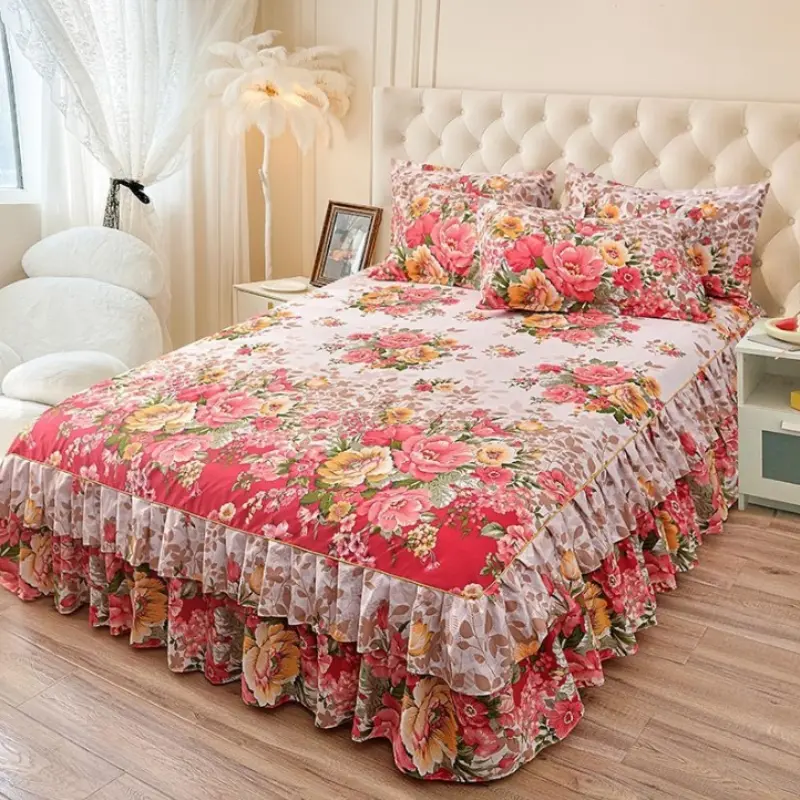 Floral Print Ruffled Bedskirt Set, 3 Piece Includes 1 Bedskirt and 2 Pillowcases, Comfortable Home Bedroom Decor Bedding, Decorative Bedding Set, Comfy Bed Sets