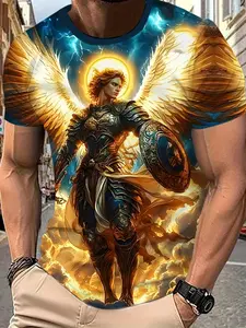 Men's Angel Warrior Golden Wings Thunder 3D Print T-Shirt 2026 Viral Street Epic Holy Casual Versatile Slim Fit Muscle Four Seasons Essential Handsome Top