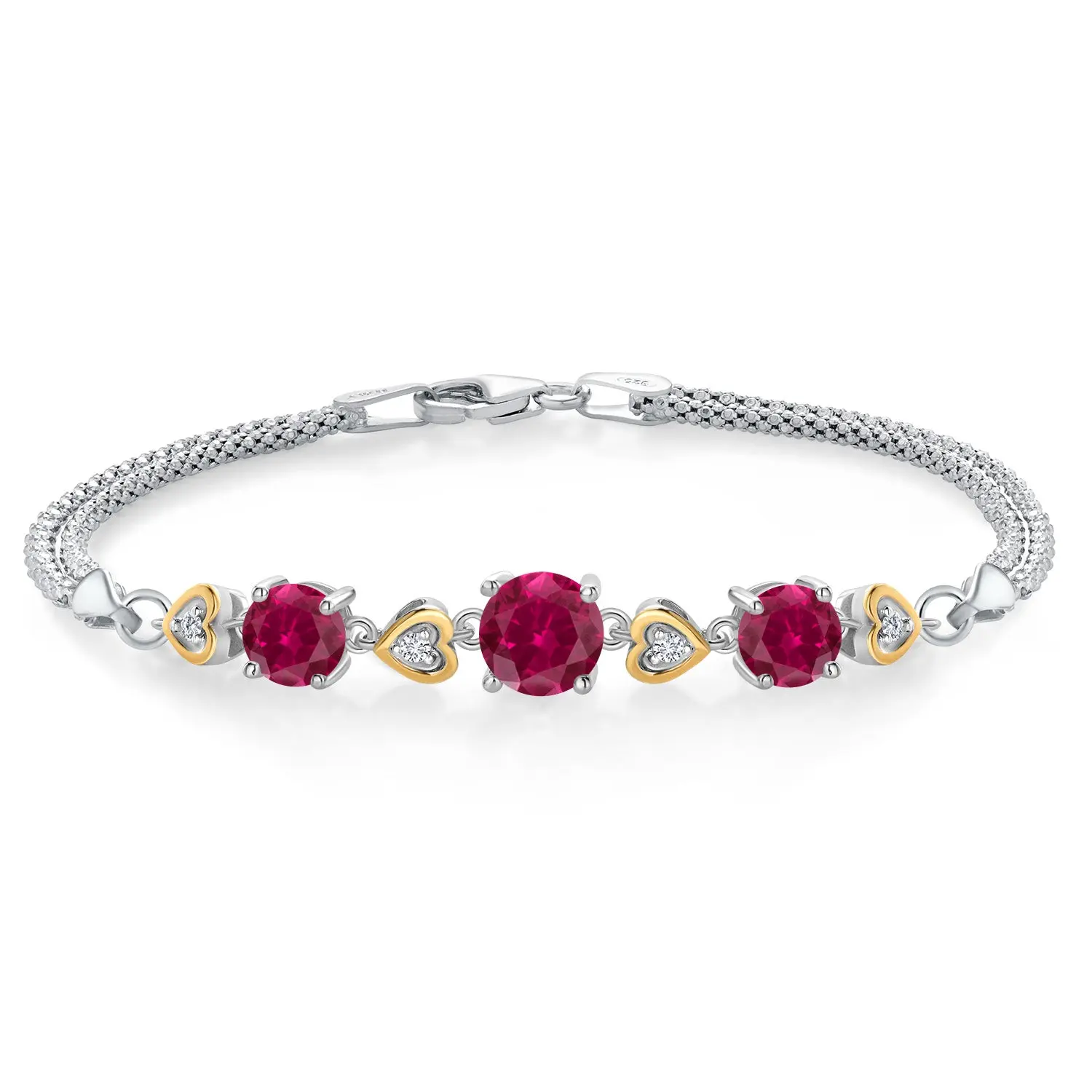 925 Sterling Silver and 10k Yellow Gold Red Created Ruby and White Lab Grown Diamond Bracelet For Women (3.63 Cttw, Round 7MM and 6MM, 6.5/7/7.5 Inch, Made In Italy)