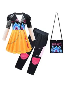 Girls' Fashion Cool Witch Cosplay Costume Set, Block Dress + Small Bag + Unique Pants, Halloween Role Play