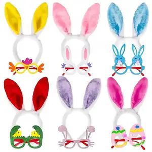 Easter Rabbit Ear Headband & Glasses Set, 12pcs/set Including 6 Counts Cute Bunny Ear Headband & 6 Counts Glasses, Party Decoration Supplies for Easter Party, Masks, Party Favor, Party Event Props
