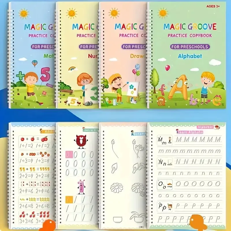4 Pcs Reusable Grooved Handwriting Practice Books Magic Copybook with Disappearing Ink Pens Pencil Grips for Kids Age 3-8 Preschool Learning Activities