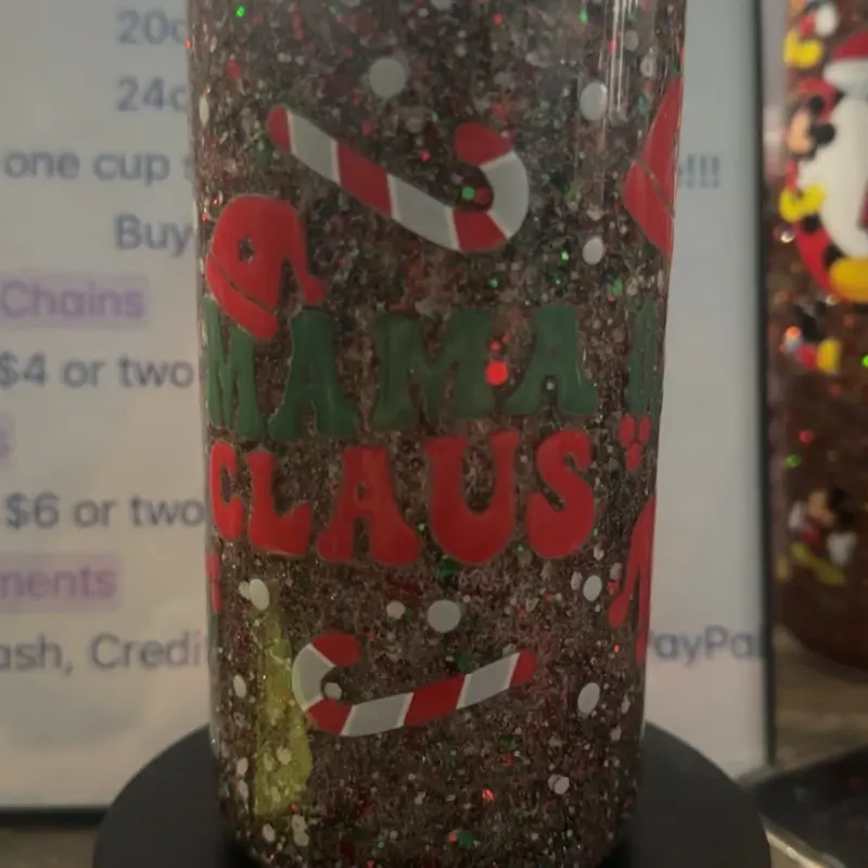 Mama Claus Snowglobe Christmas Cup 20oz Glittery Design with Candy Cane and Snowflakes Perfect for Holiday Beverages