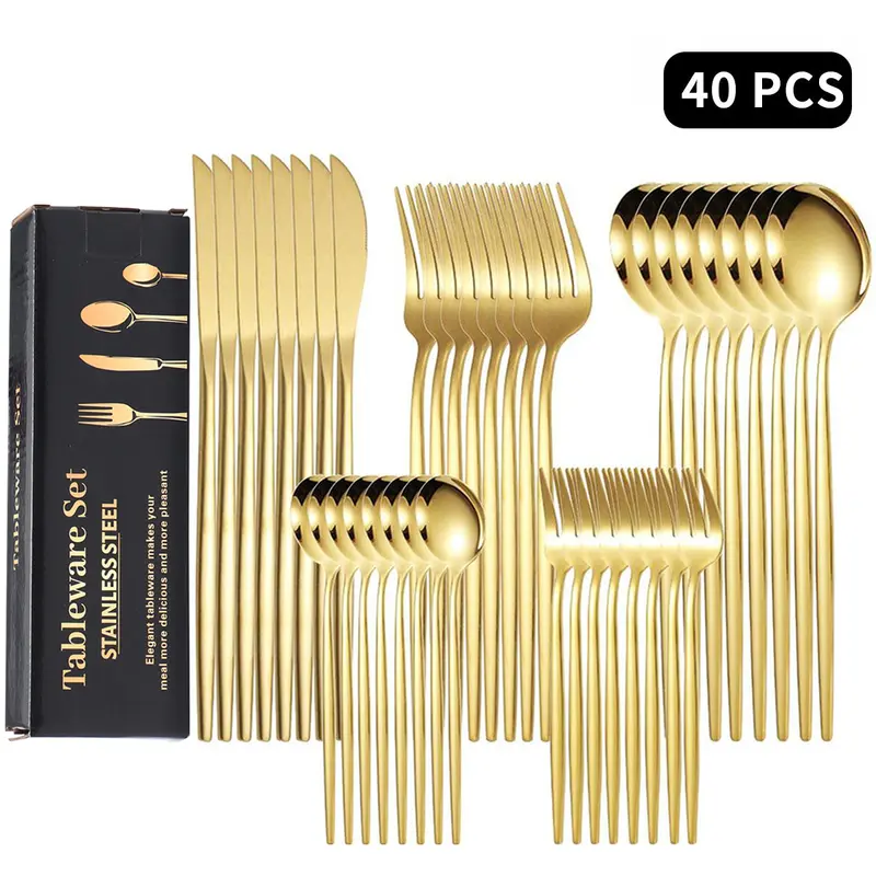 40-Piece Gold Stainless Steel Silverware Set for 8 Mirror-Polished Knives Forks Spoons Teaspoons & Dessert Forks Durable Dishwasher-Safe Tableware,kitchen，kitchen accessories，kitchen essentials，knives kitchen set，kitchen supplies with  cutlery
