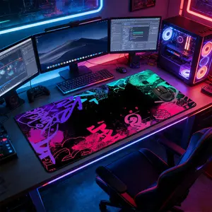 Neon Pink Purple & Teal Graffiti Large Extended Gaming Mouse Pad, Non-Slip Rubber Base Stitched Lock Edge Desk Mat, Edgy Urban Street Art Design, Durable Computer Accessory for Home Office & Gaming Setup, Perfect Gift for Gamers & Street Style Fans