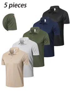 5 Pack Men's Polo Shirts Moisture Wicking Breathable Elastic Short Sleeve, Quick Dry Soft Athletic Golf Shirts, Casual Collared Menswear Tops