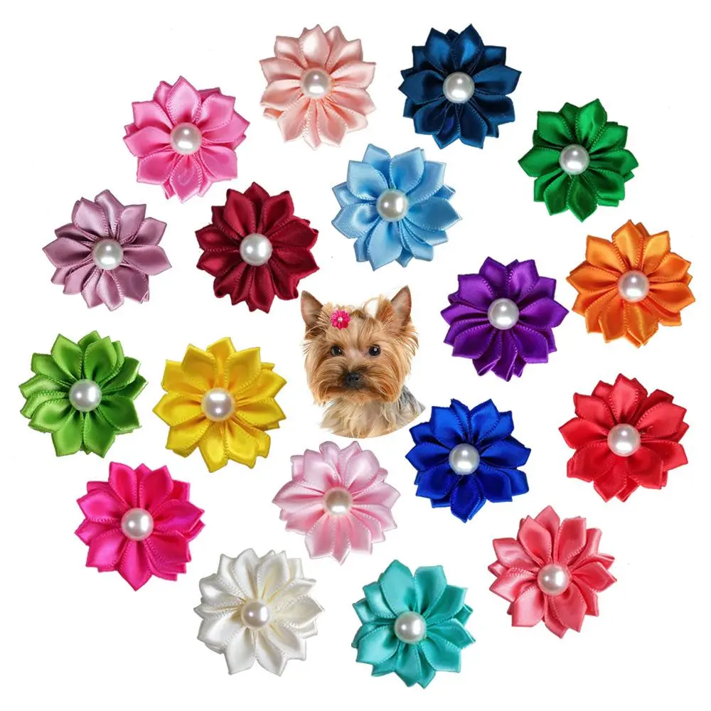 36pcs Mixed Dog Flower Bows 1.57 in, Pet Small Dog Hair Bows with Rubber Bands, Mix Tiny Dog Pearls Flowers Topknot