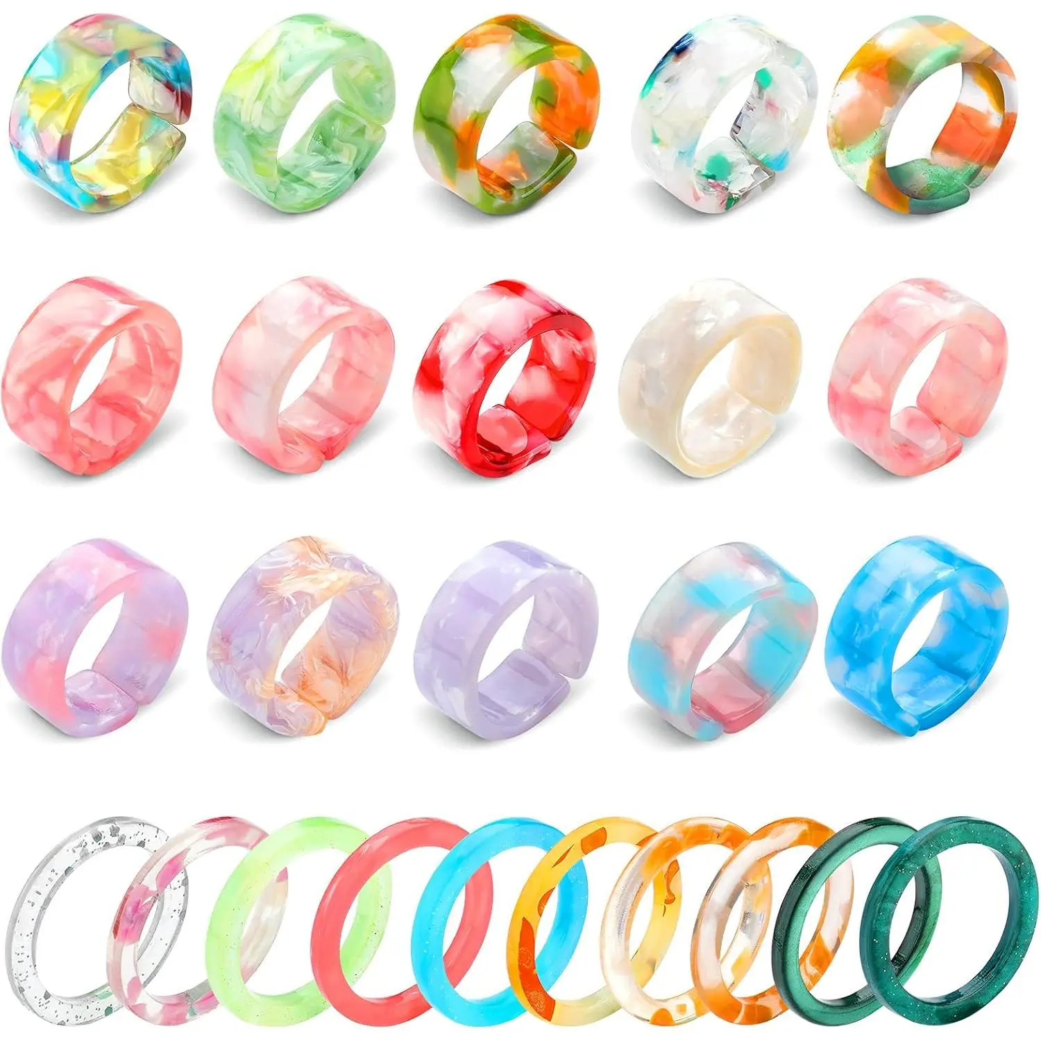 Women's 25-Piece Vibrant Resin Cluster Stackable Finger Rings - Retro Aesthetic Chunky Plastic Jewelry, Adjustable, Durable, Mixing-Friendly, Great Gift for Any Occasion, Sharing-Suitable Female Costume Accessory