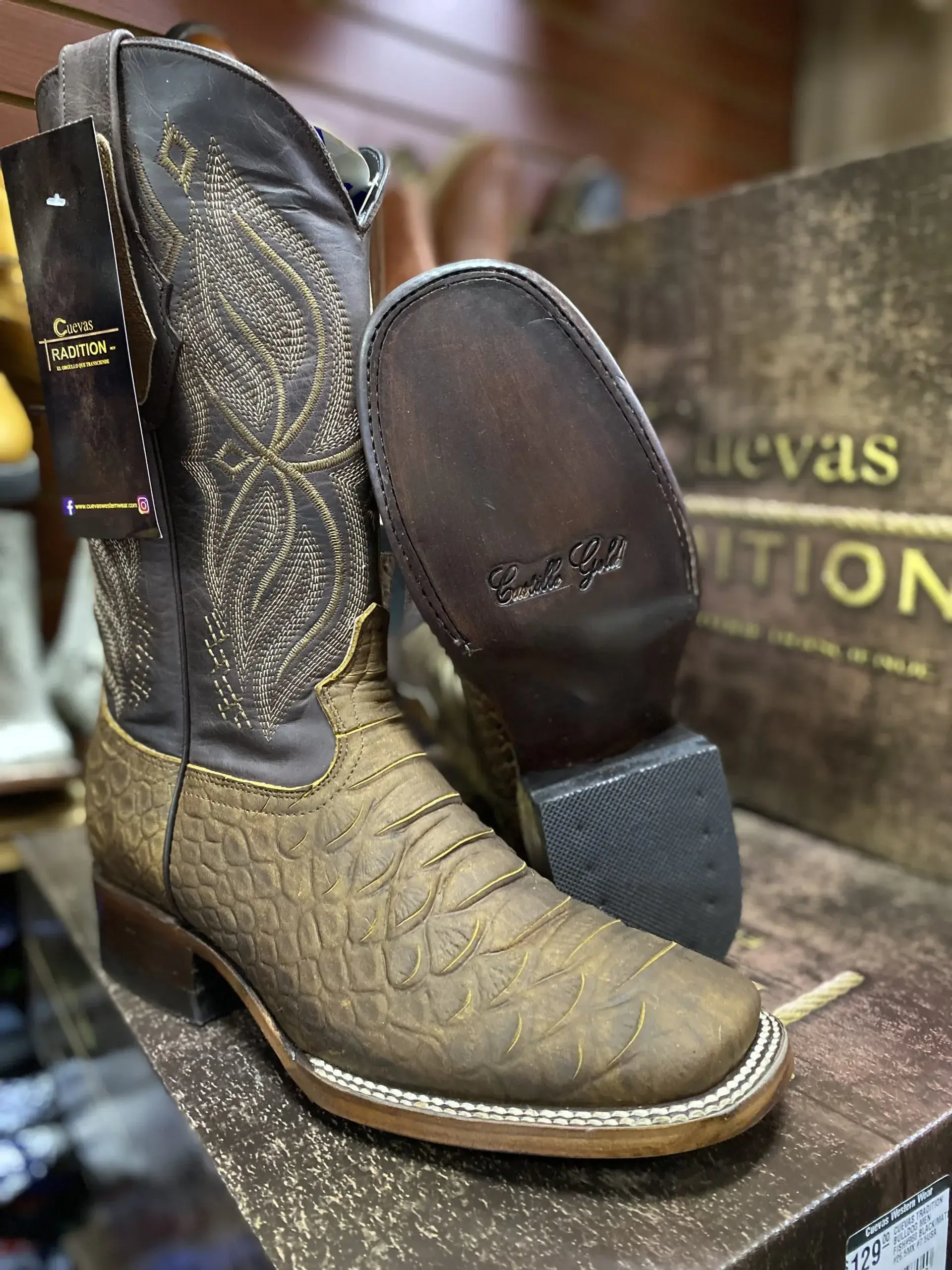 CUEVAS TRADITION Western Cowboy Boots Square Toe Python Print Brown for Country Style Outdoor Premium Leather Hand Made Comfortable
