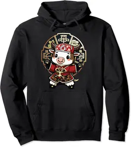 Cute Kawaii Asian Chinese Ox Bull Cow Zodiac Lunar New Year Pullover Hoodie - Kendallha Shop 31B0CSCLRDC8
